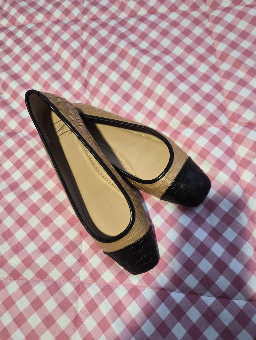 INC International Concepts Two-Tone Black and Beige Croc-Embossed Ballet Flats
